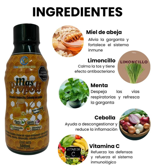 Ingredientes Mas propoli; miel de abeja, limoncillo, menta, cebolla, vitamina C