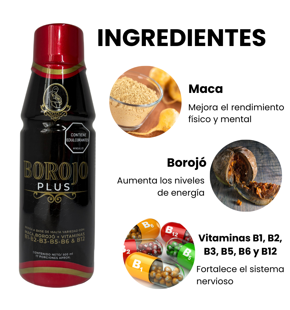 Ingredientes Borojó plus; maca, borojó, vitaminas B1, B2,B3, B5, B6 y B12. Registro Invima.