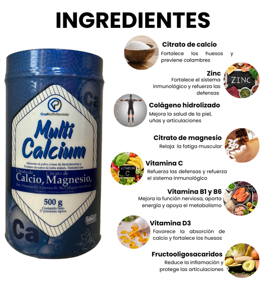 Ingredientes de Multi Calcium; citrato de calcio, zinc, colágeno hidrolizado, citrato de magnesio, vitamina C1, B1, B6 y D3, fructooligosacaridos.