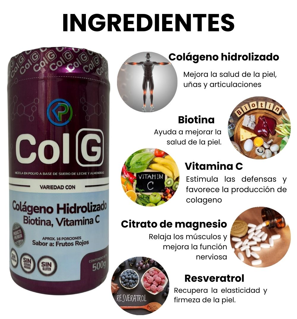 Ingredientes colágeno hidrolizado ColG, biotina, vitamina C, citrato de magnesio y resveratrol
