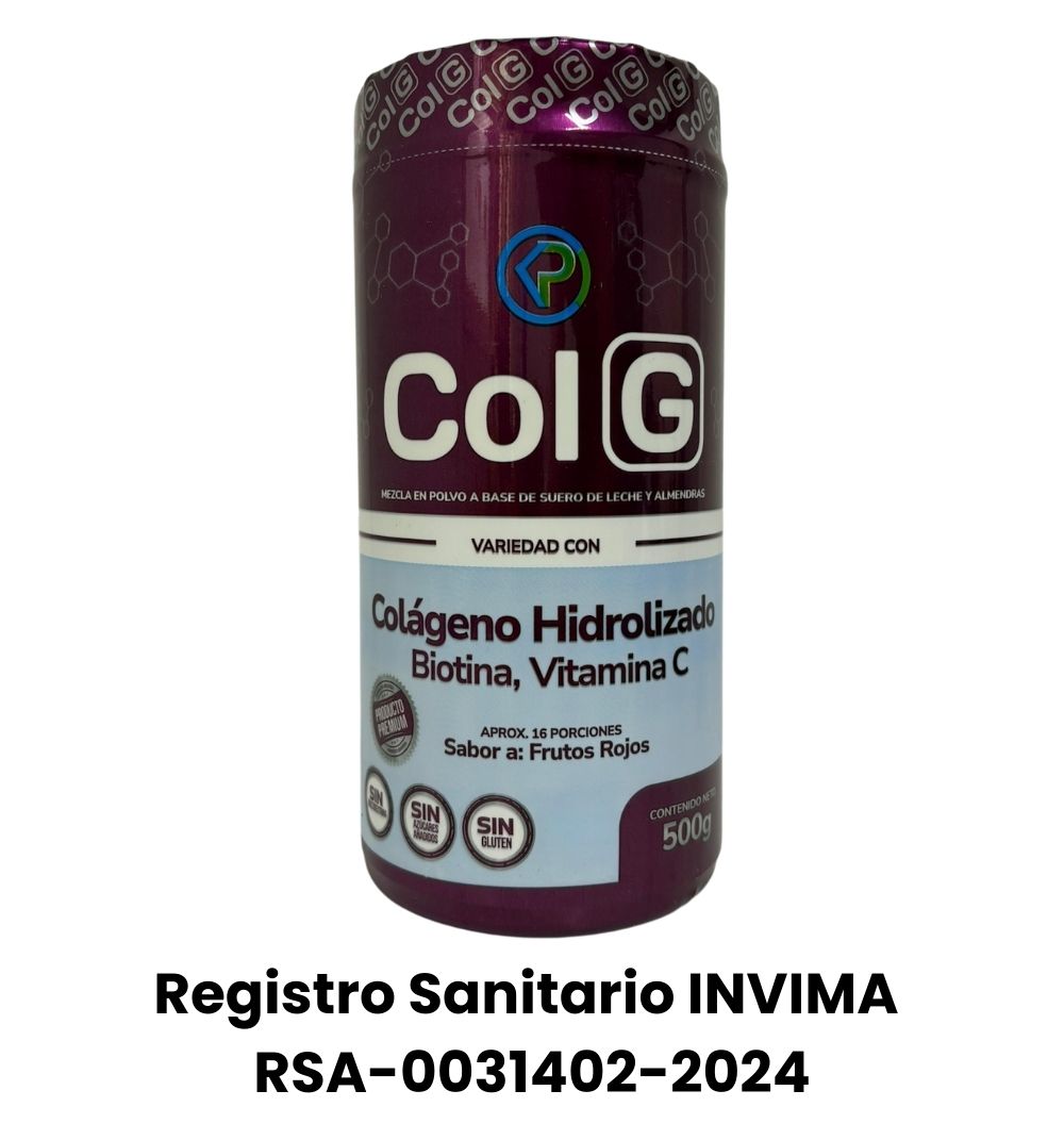 Frente de empaque colágeno hidrolizado ColG con biotina y vitamina C; sabor a frutos rojos