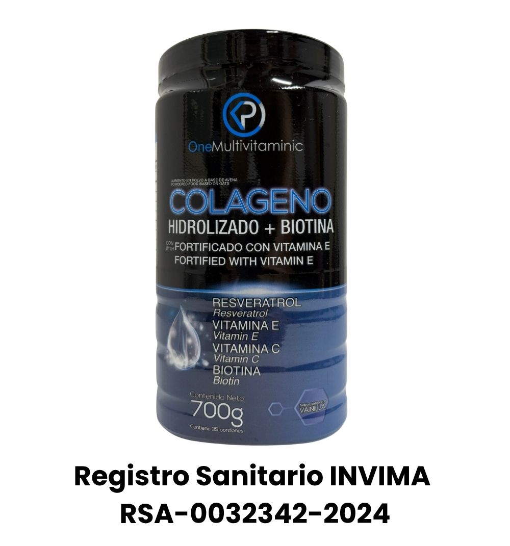 Suplemento de colágeno hidrolizado con biotina y vitamina E en polvo sabor vainilla. Registro sanitario INVIMA RSA-0032342-2024, tarro de 700g.