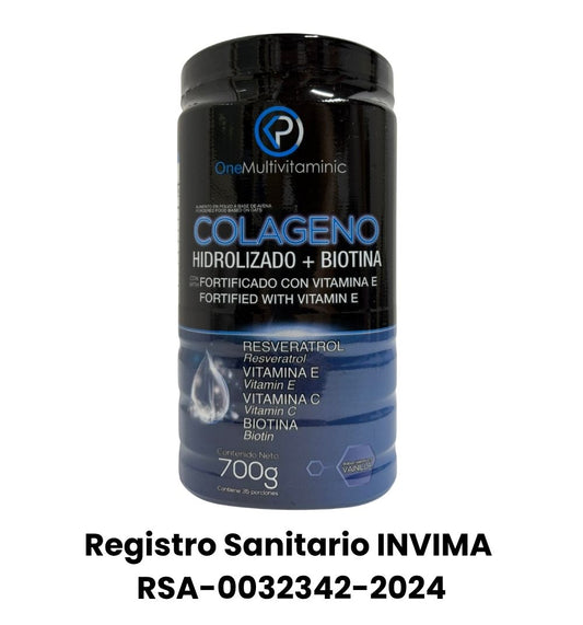 Suplemento de colágeno hidrolizado con biotina y vitamina E en polvo sabor vainilla. Registro sanitario INVIMA RSA-0032342-2024, tarro de 700g.