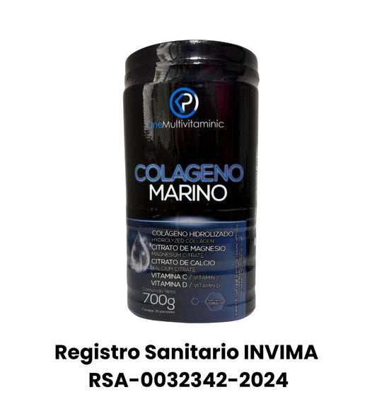 Colágeno Marino Hidrolizado de 700g. Con vitaminas C y D, calcio y magnesio. Registro INVIMA.