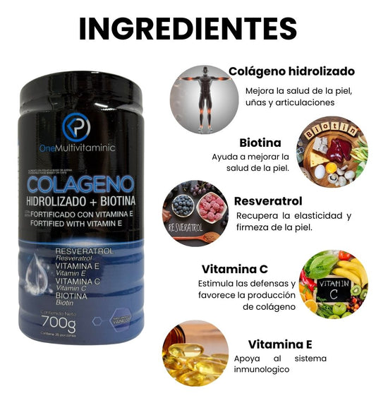 Colágeno Hidrolizado + Biotina: 700g – Con Vitaminas C, D, E y Minerales – Registro Invima