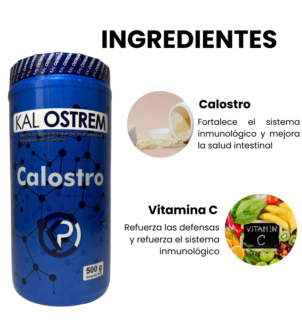 Ingredientes Kal Ostrem; calostro, vitamina C. Registro Invima.