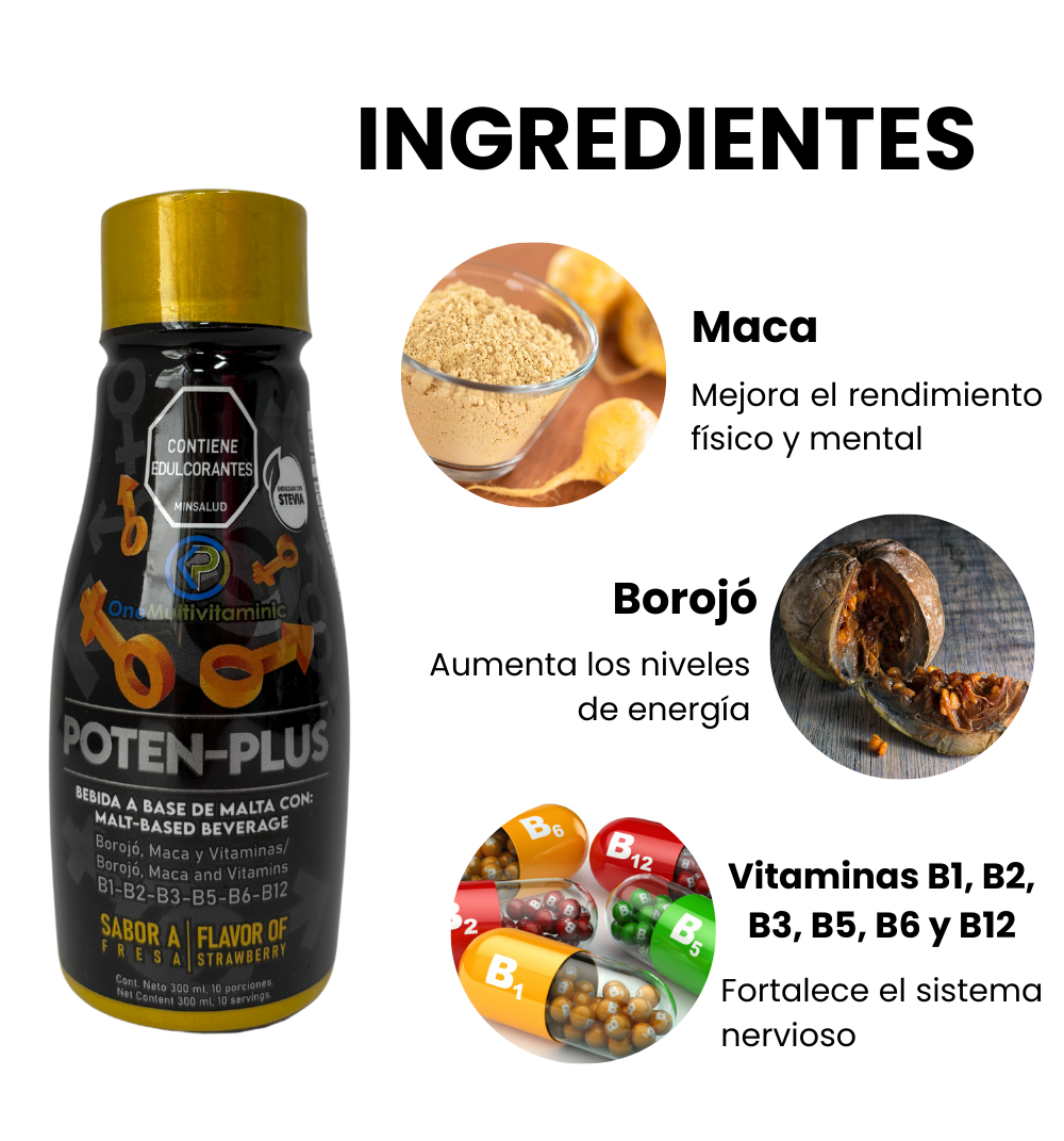 Ingredientes Poten plus; maca, borojó, vitaminas B1, B2, B3, B5, B6 y B12. Registro Invima.