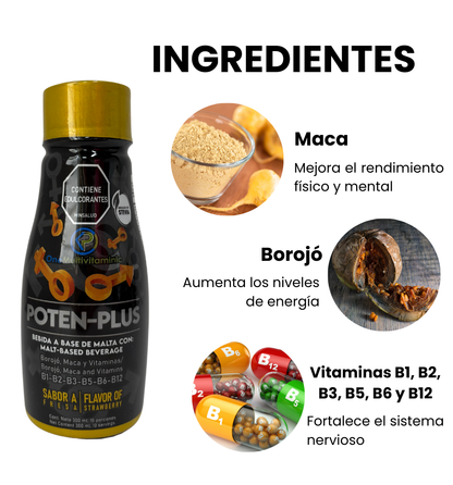 Ingredientes Poten plus; maca, borojó, vitaminas B1, B2, B3, B5, B6 y B12. Registro Invima.