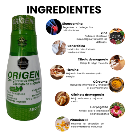 Ingredientes Origen; glucosamina, zinc, condroitina, citrato de magnesio, tiamina, curcuma, clicinato de magnesio, harpagofito, vitamina D3. Registro Invima.