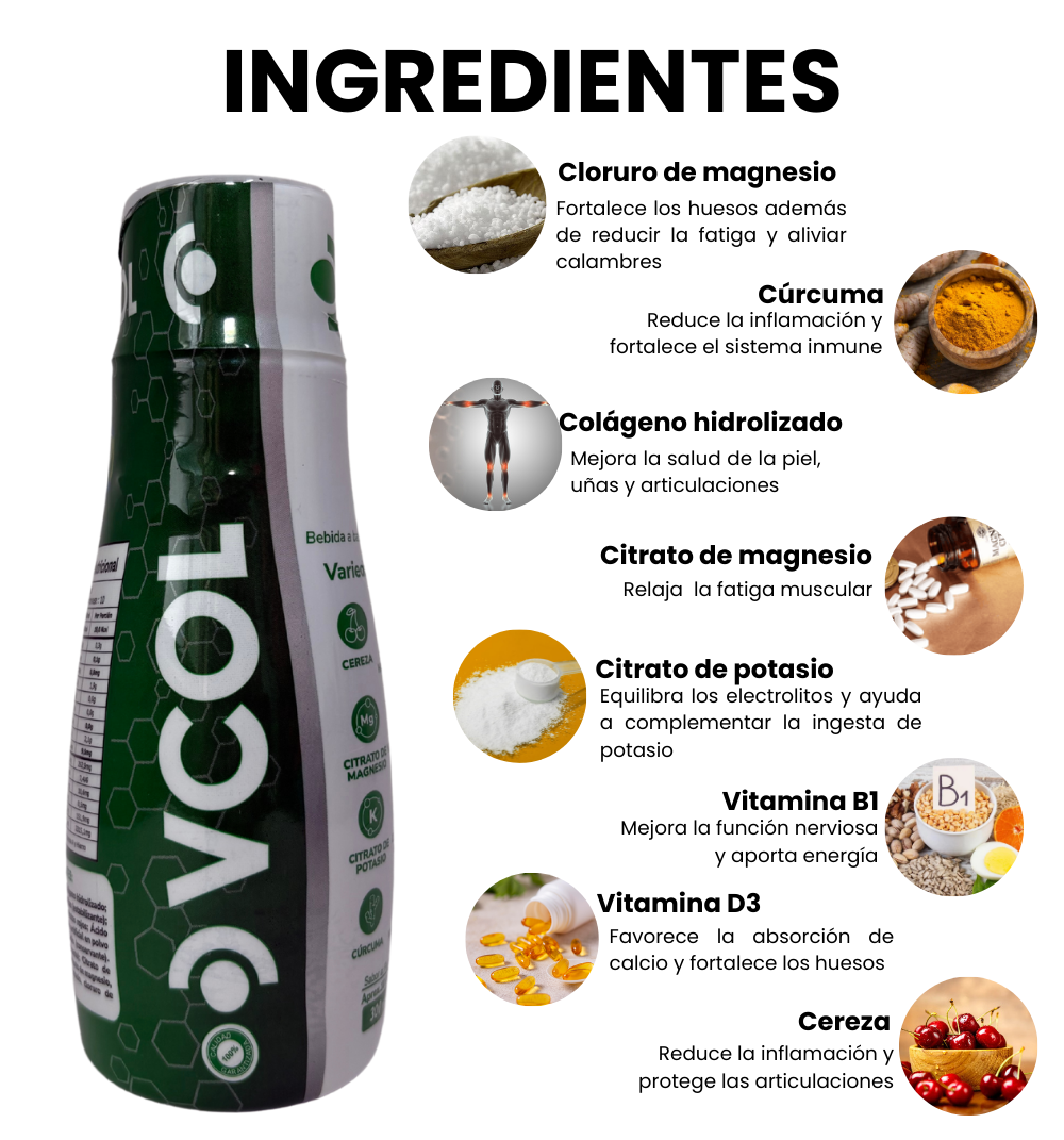 Ingredientes VCOL; cloruro de magnesio, cúrcuma, colágeno hidrolizado, citrato de magnesio, citrato de potasio, vitamina B1, vitamina D3, cereza. Registro Invima.