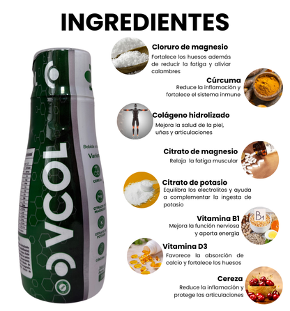 Ingredientes VCOL; cloruro de magnesio, cúrcuma, colágeno hidrolizado, citrato de magnesio, citrato de potasio, vitamina B1, vitamina D3, cereza. Registro Invima.