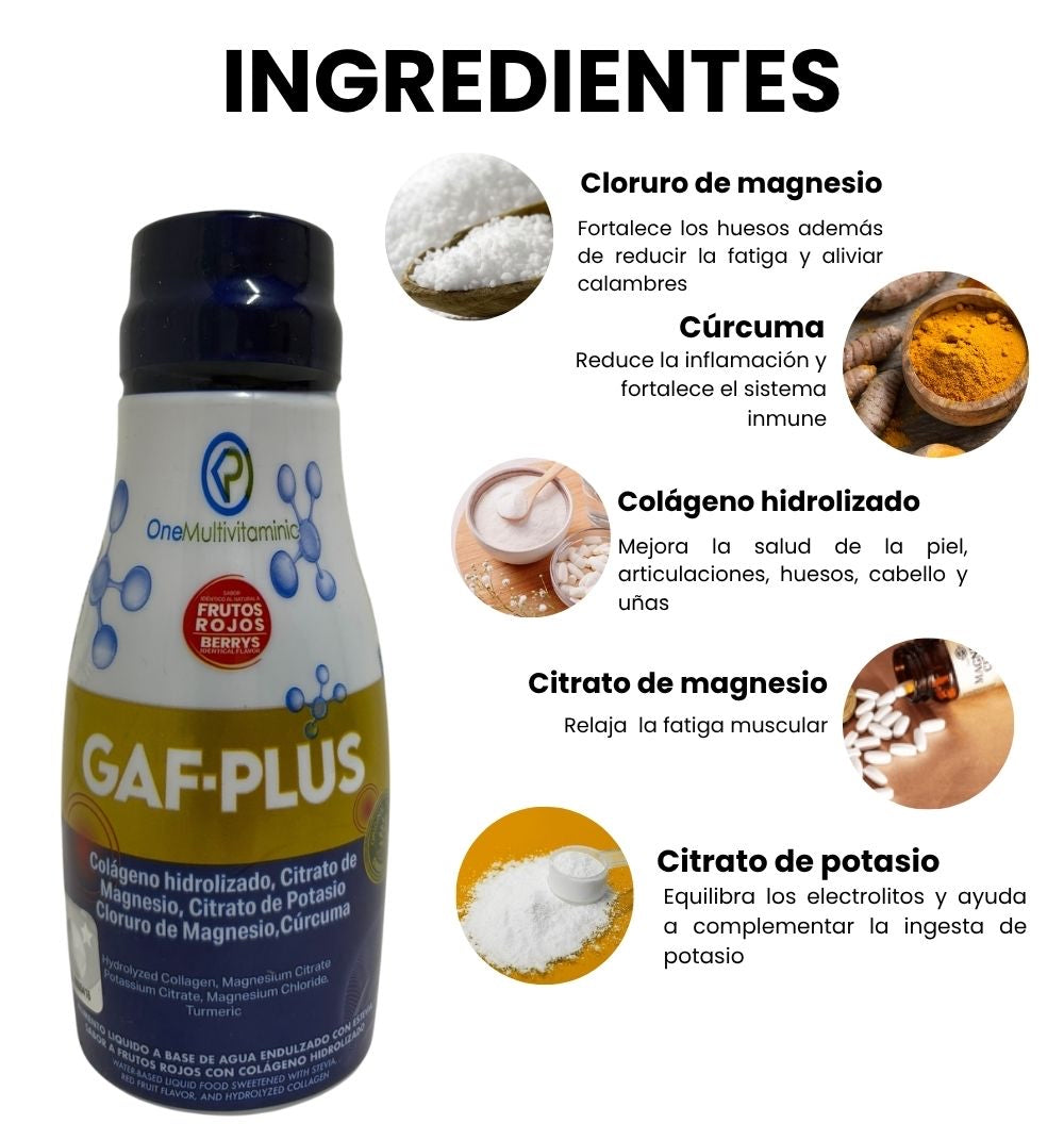 Cloruro de magnesio, cúrcuma, colágeno hidrolizado, citrato de magnesio y citrato de potasio