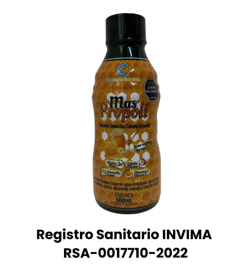 Empaque de frente bebida mas propoli con miel, propoleo, cebolla, limoncillo, vitamina c, 500ml