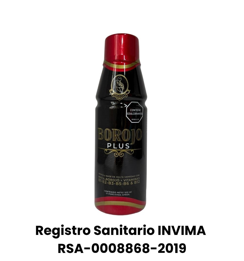 Bebida BOROJÓ PLUS con maca, borojó y vitaminas B. Aporta energía y apoya el sistema nervioso. Registro INVIMA. Ideal para el rendimiento físico y mental.