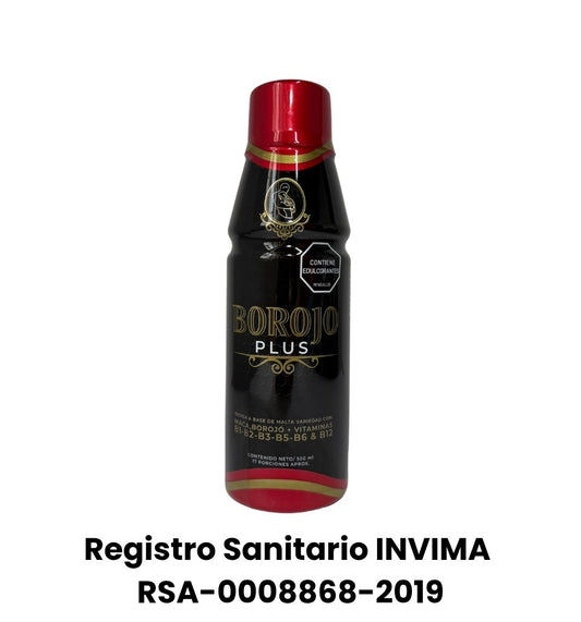 Bebida BOROJÓ PLUS con maca, borojó y vitaminas B. Aporta energía y apoya el sistema nervioso. Registro INVIMA. Ideal para el rendimiento físico y mental.