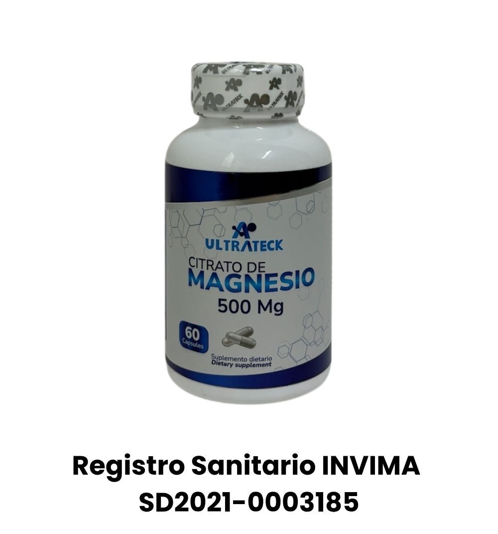 Frente del empaque de citrato de magnesio, 60 capsulas con registro sanitario INVIMASD2021-0003185