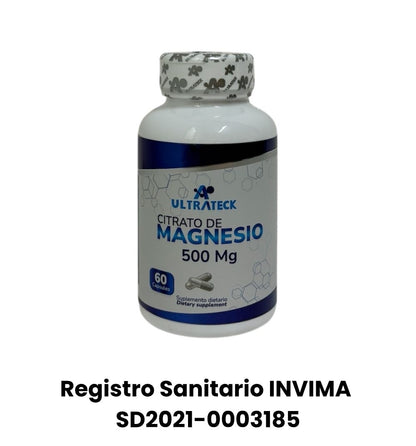 Frente del empaque de citrato de magnesio, 60 capsulas con registro sanitario INVIMASD2021-0003185