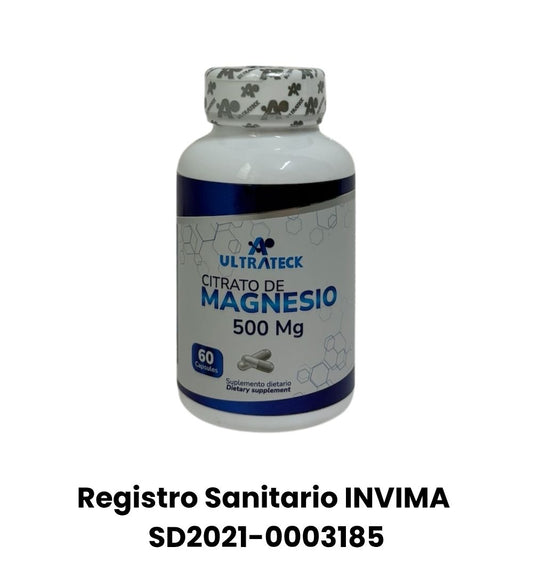 Frente del empaque de citrato de magnesio, 60 capsulas con registro sanitario INVIMASD2021-0003185