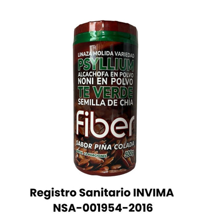 Fiber sabor piña colada con psyllium, linaza, chía, alcachofa y té verde. Regula la digestión, desintoxica y mejora el tránsito intestinal. Producto natural con registro INVIMA.