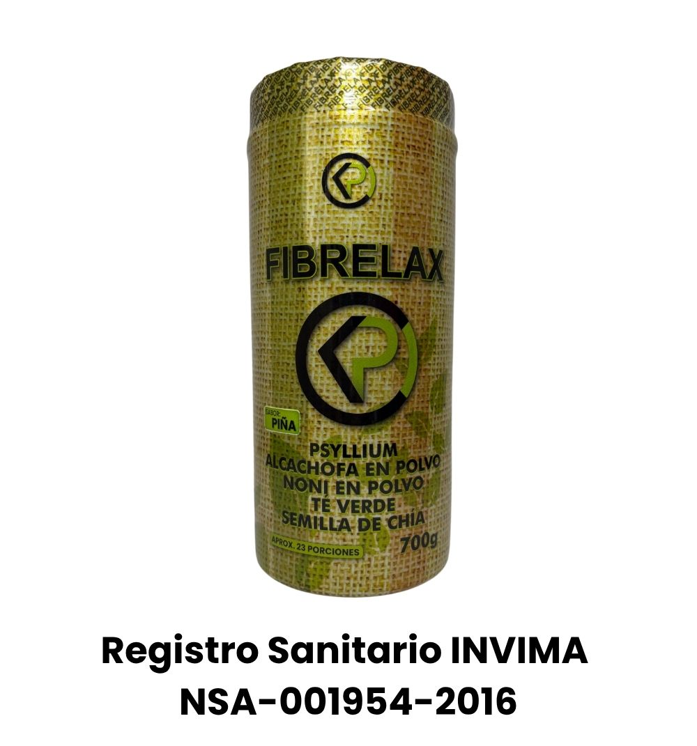 FIBRELAX en polvo sabor piña con psyllium, chía, alcachofa, noni y té verde. Alimento en polvo funcional para el tránsito intestinal. Producto alimenticio con registro INVIMA.