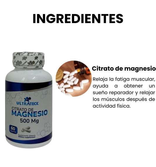 Ingredientes de Citrato de magnesio: 60 capsulas de citrato de magnesio para relajar la fatiga muscular y ayudar a obtener un sueño reparador y relajar los músculos después de actividad física.