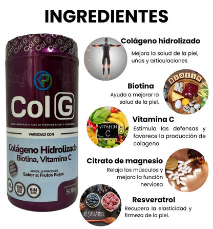 Ingredientes colágeno hidrolizado ColG, biotina, vitamina C, citrato de magnesio y resveratrol