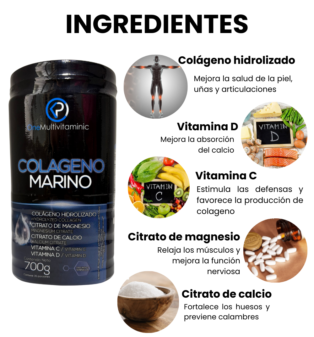 Ingredientes del colágeno marino en polvo: colágeno hidrolizado, vitamina C, vitamina D, citrato de magnesio y citrato de calcio. Contribuyen a la salud de la piel, huesos, músculos, articulaciones y sistema inmunológico.