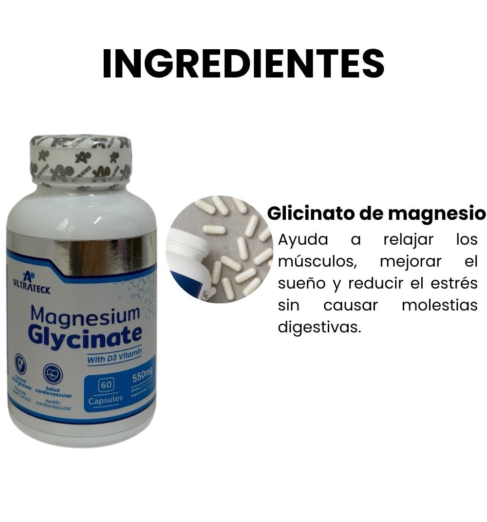 Ingredientes de Magnesium glycinate: 60 capsulas de glicinato de magnesio para ayudar a relajar los músculos, mejorar el sueño y reducir el estrés sin causar molestias digestivas.