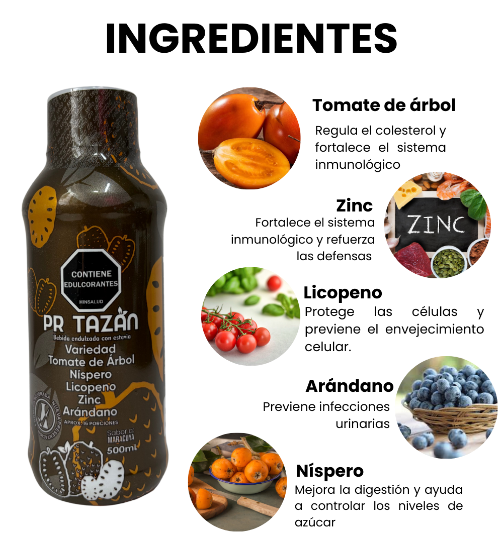 Ingredientes de PR Tazán, tomaté de árbol, zinc, licopeno, arándano y níspero. Registro Invima.