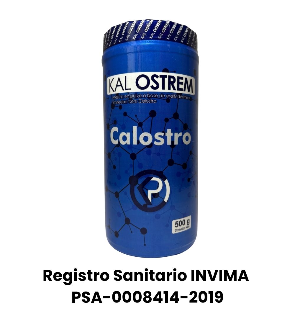 Mezcla en polvo KAL OSTREM con calostro y vitamina C. Refuerza las defensas y la salud intestinal. Producto con INVIMA. 500g.