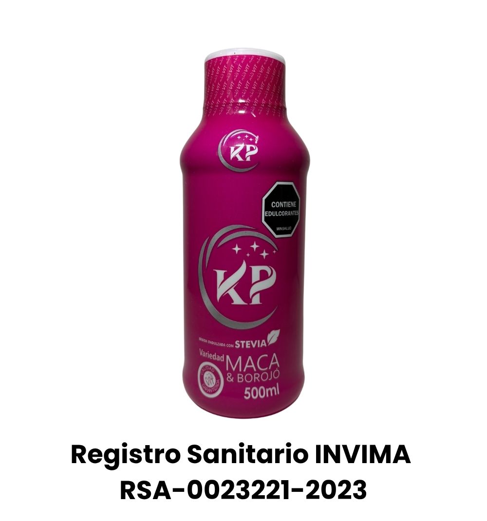 Bebida KP de maca y borojó con stevia. Energía natural sin azúcar añadida. Producto con registro INVIMA. Venta en Colombia. 500 ml.