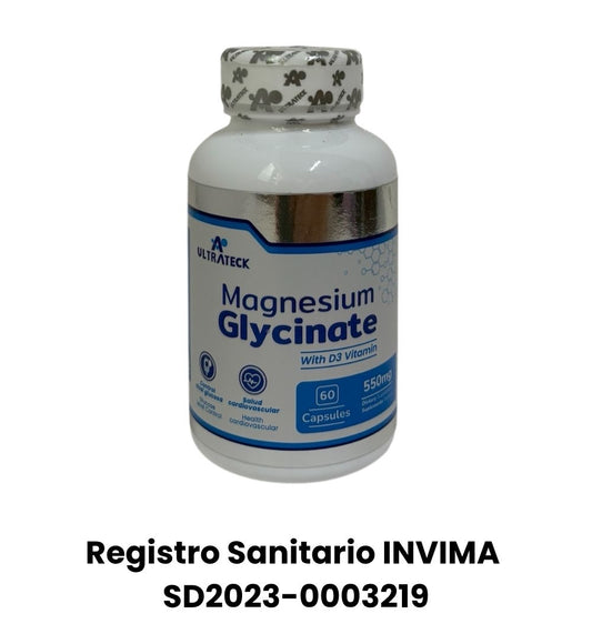 Frente del empaque de Magnesium glycinate con vitamina D3 y con registro sanitario INVIMA SD2023-0003219 , 60 capsulas