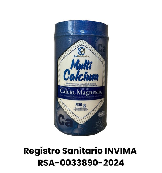 Multi Calcium en polvo con calcio, magnesio, colágeno, vitaminas y zinc. Ideal para fortalecer huesos, articulaciones y defensas. Sabor vainilla. Registro INVIMA.