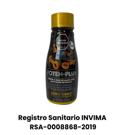 Bebida POTEN-PLUS sabor fresa con maca, borojó y vitaminas B. Aporta energía y apoya el sistema nervioso. Registro INVIMA. Ideal para el rendimiento físico y mental.