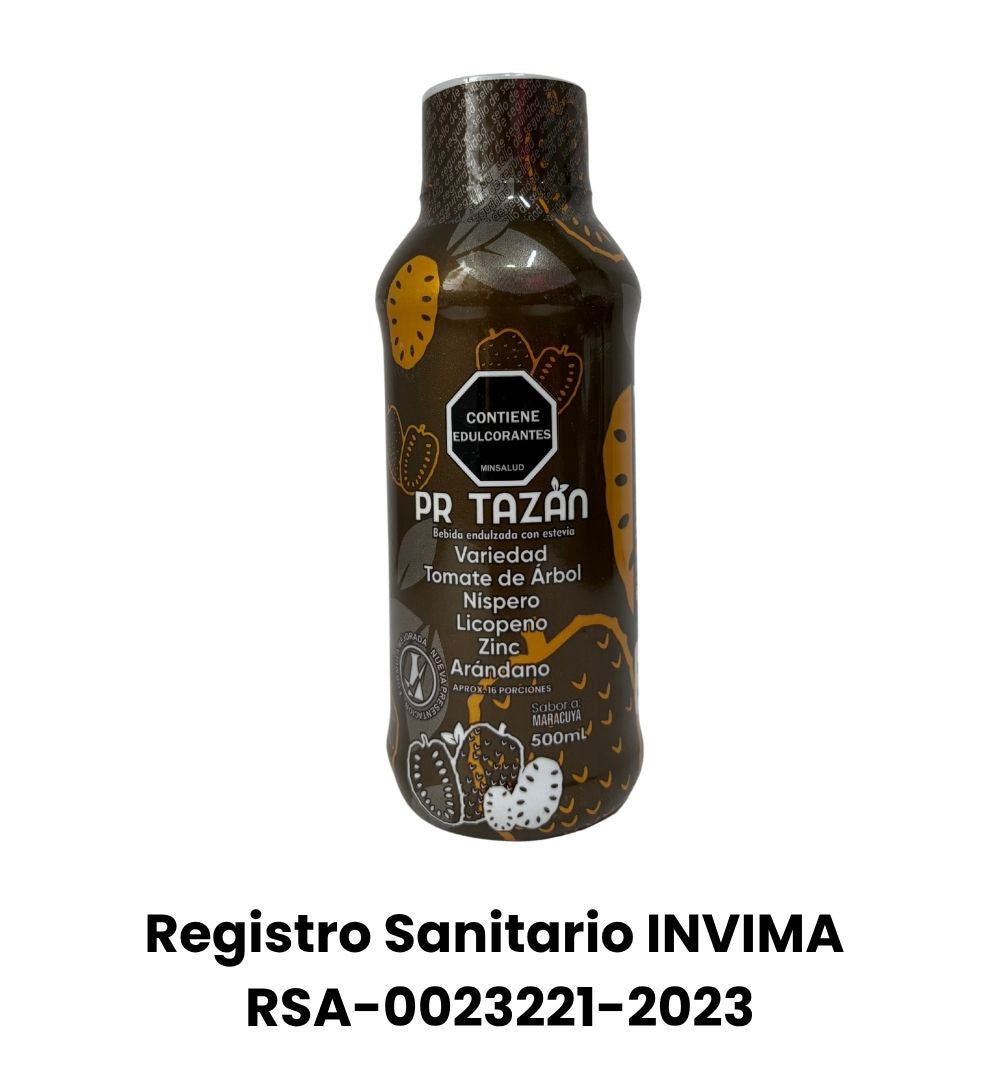 Bebida funcional PR Tazán con zinc, tomate de árbol, licopeno, níspero y arándano. Fortalece el sistema inmune y es libre de azúcar. Registro INVIMA.